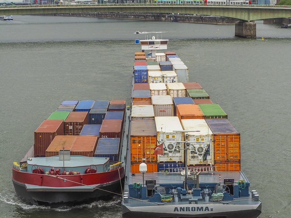 ship, flow, water, logistics, container ship, rhine, nature, cargo ship, container, freighter, transport, shipping, freight, water transport, trade, bridge, cologne, crane houses, architecture